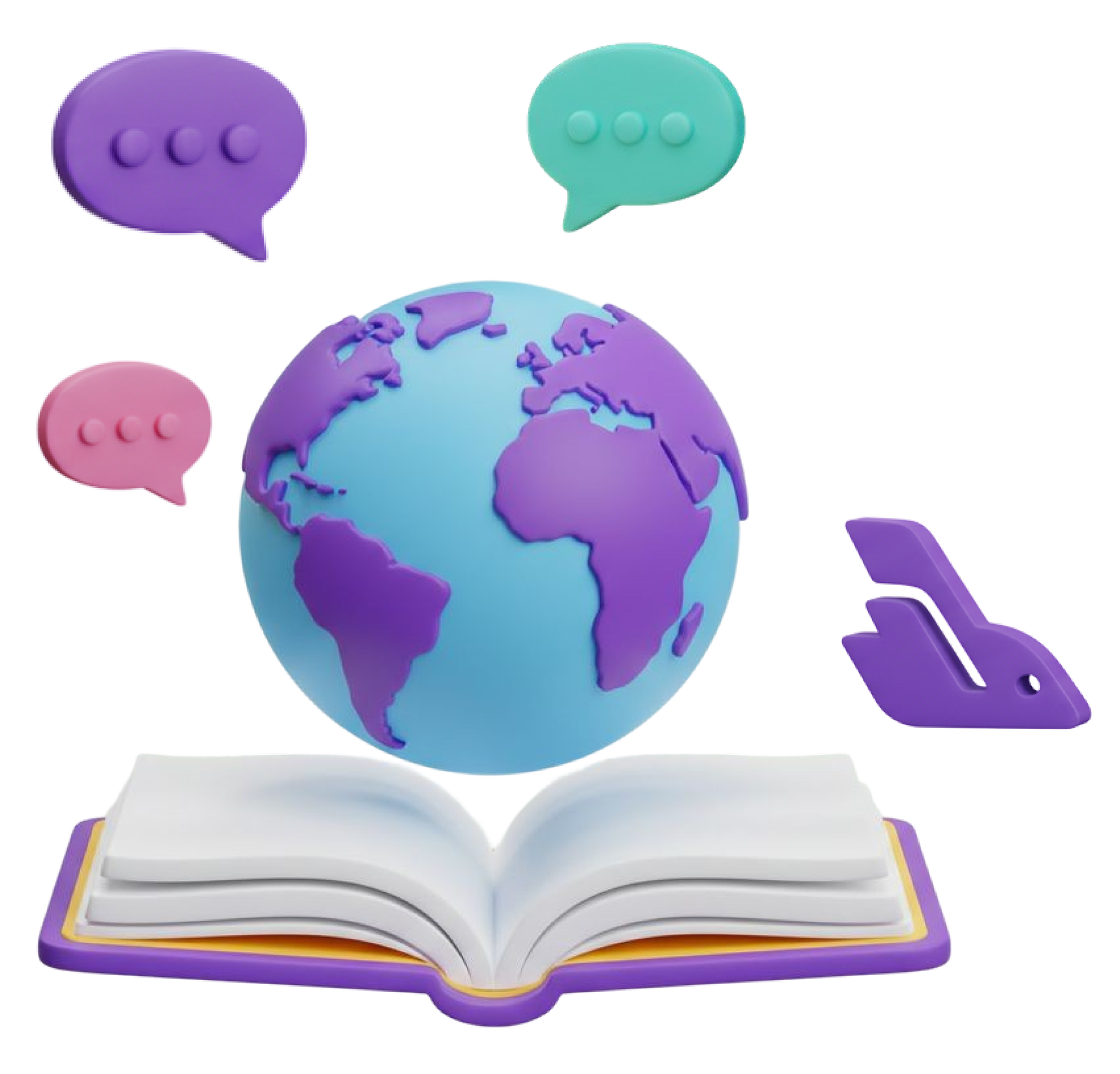 Illustration of a globe above an open book with travel icon and speech bubbles, symbolizing planning, learning, and remembering travel experiences.