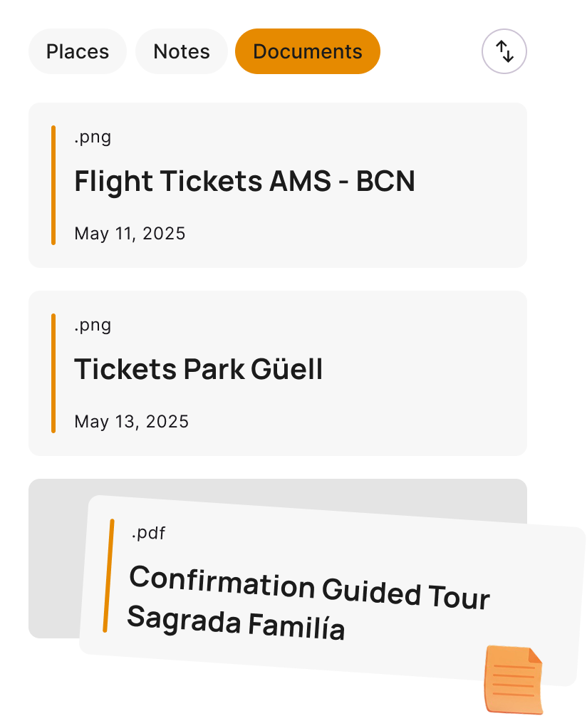 Mobile screen showing travel documents such as tickets and confirmations in mundolore.