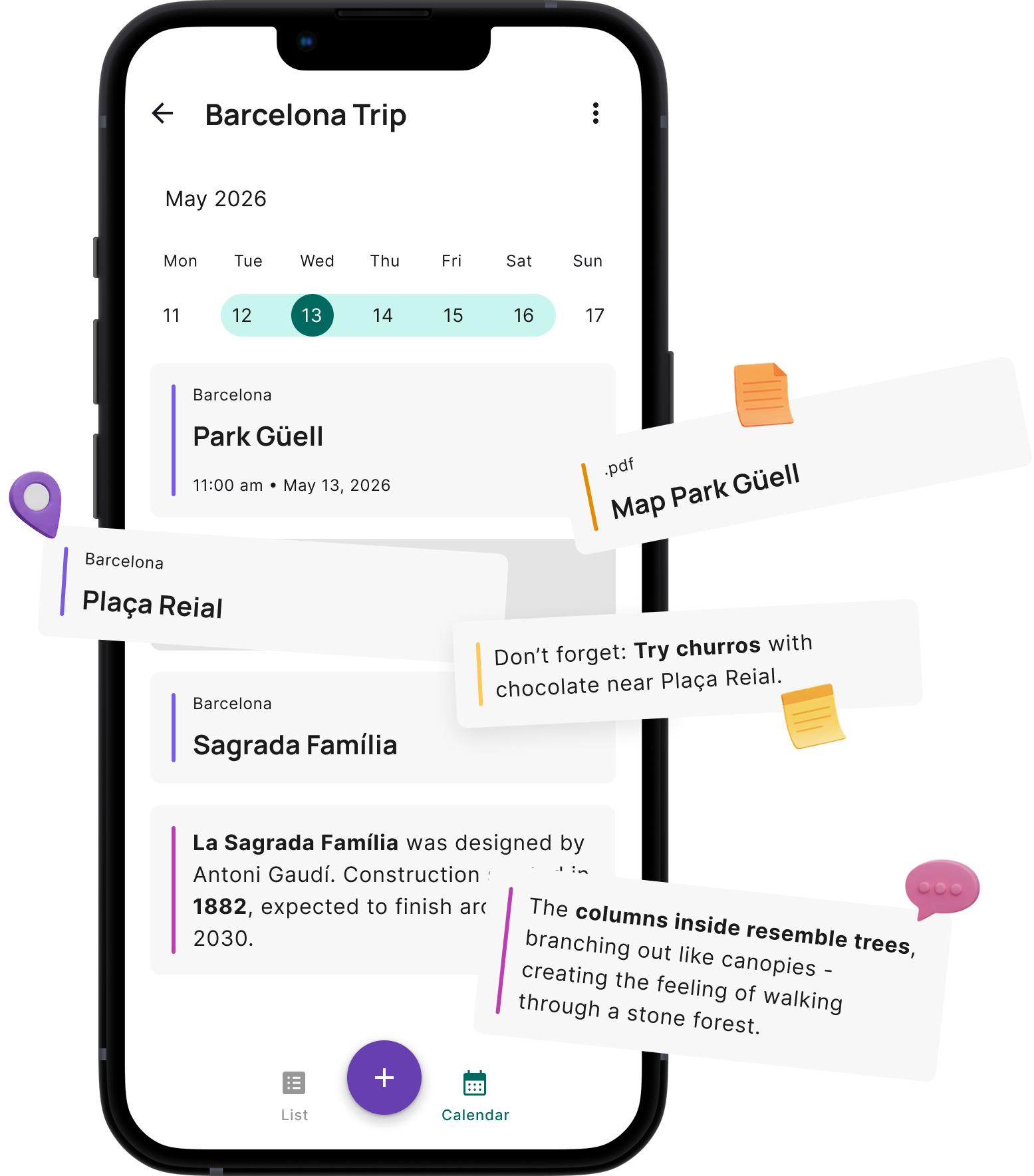 Mobile screen showing a Barcelona trip with places, notes, and documents organized in mundolore.