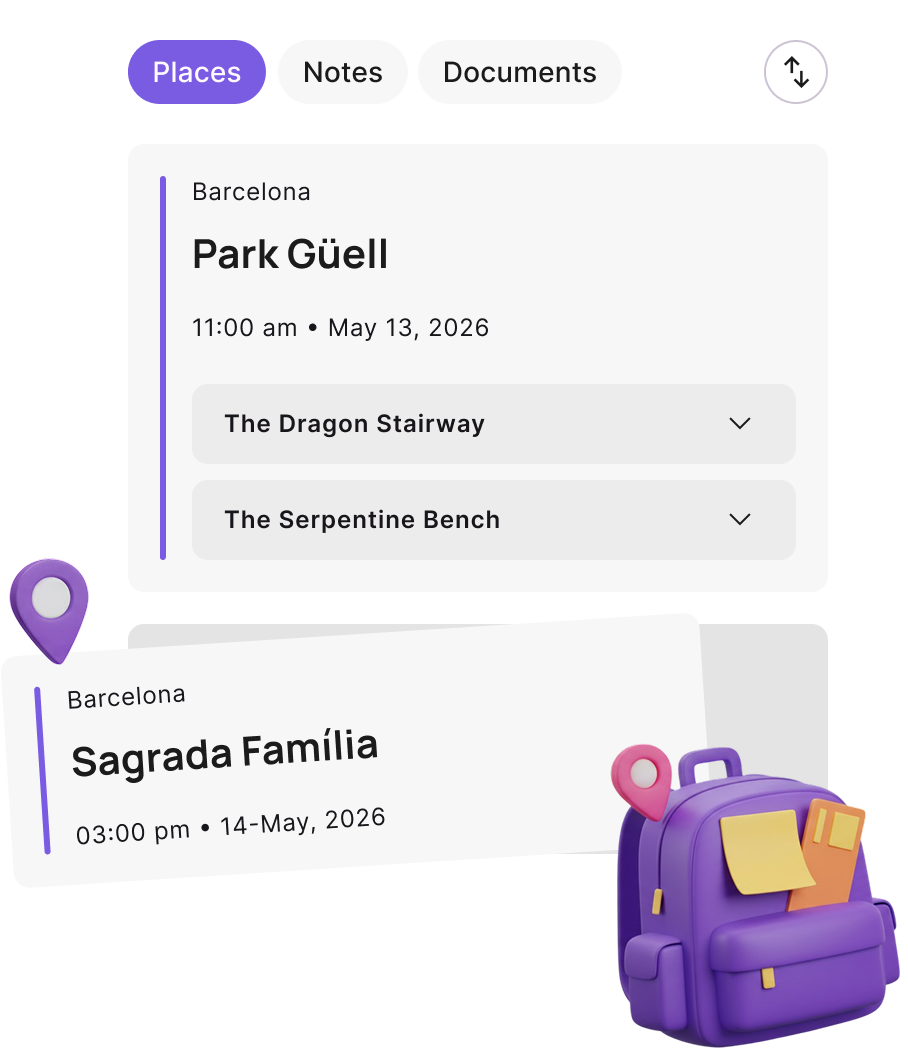 Mobile screen showing trip places and sub-places in mundolore, including Park Güell and Sagrada Família.