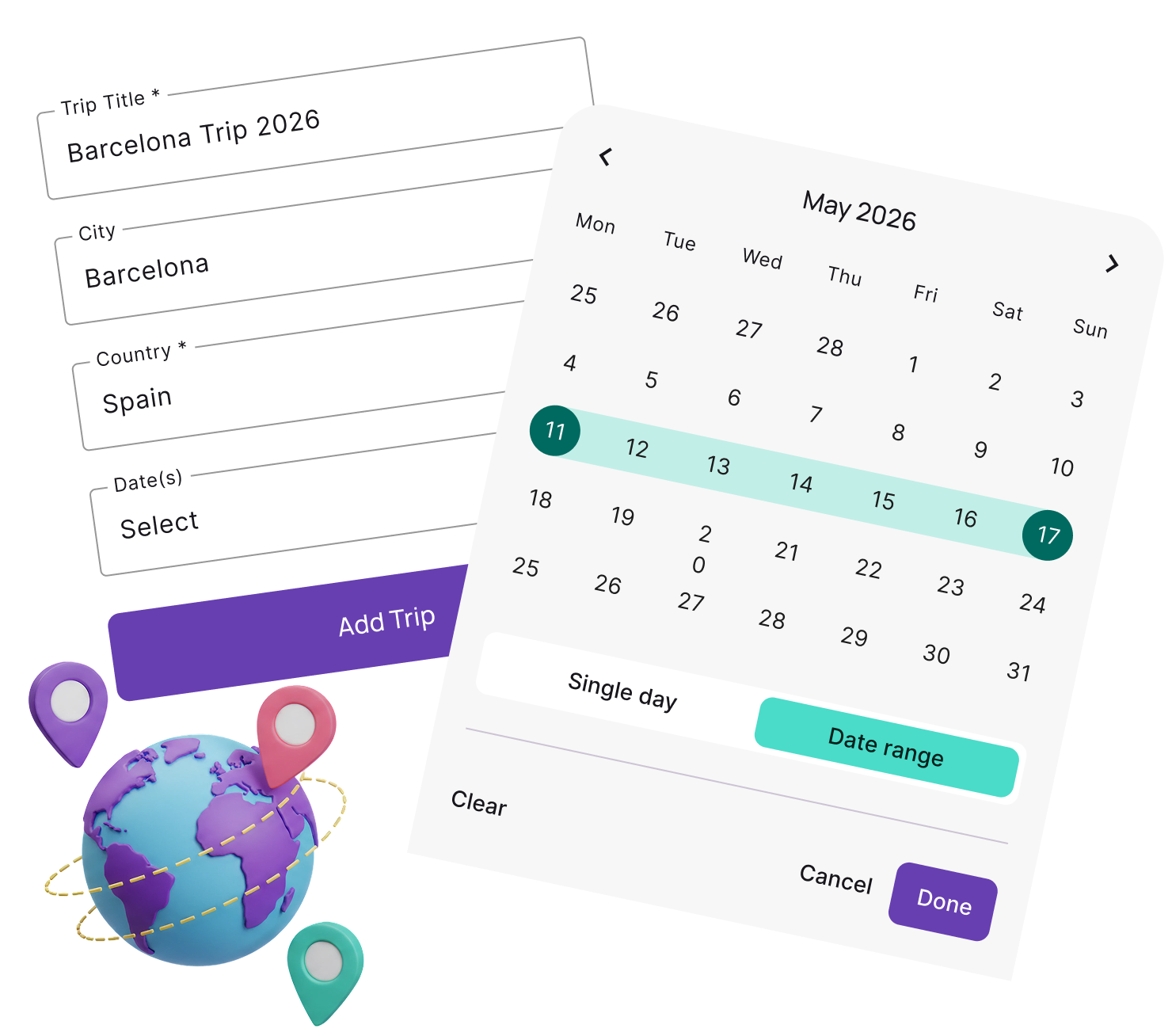 Illustration of creating a trip with a trip form, date picker, and globe with location pins.