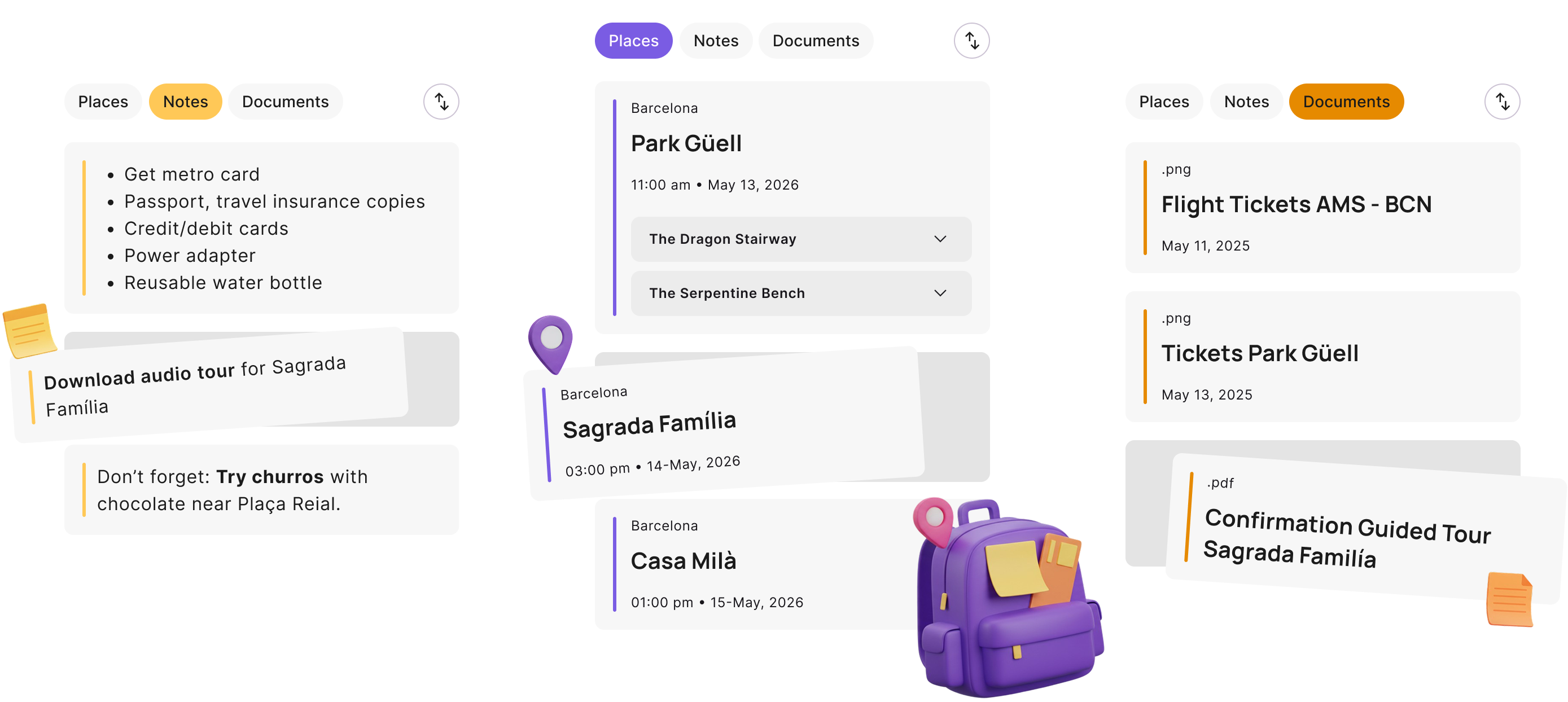 View of mundolore showing places, trip notes and travel documents organized side by side.